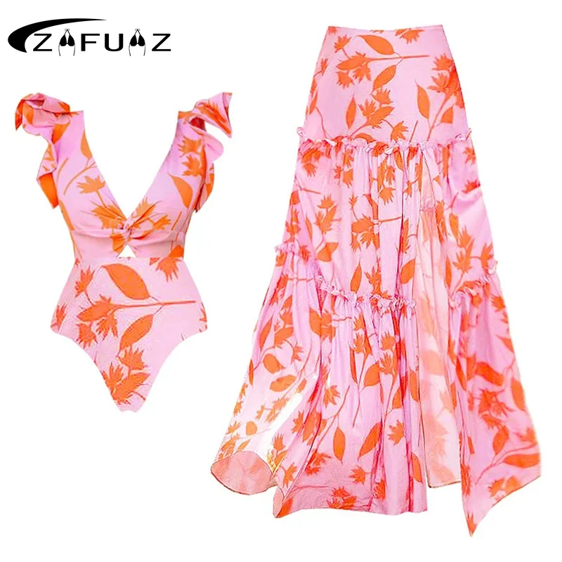 ZAFUAZ High Quality One Piece Swimsuit Floral Ruffle Printed Push Up Women Bikini Set Swimwear Slimming Bathing Suit Beach Wear