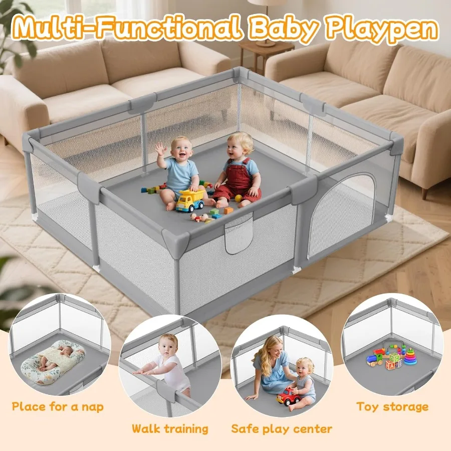 Cercadinho grande para bebês de 74 "x 50" - Cercadinho para bebês e crianças com malha respirável e 2 alças - Lei de segurança para cercadinho de bebê