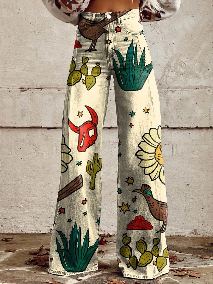Ladies Fashion Streetwear Printed Denim Jeans Trendy Casual High Waist Straight Leg Blue Jeans
