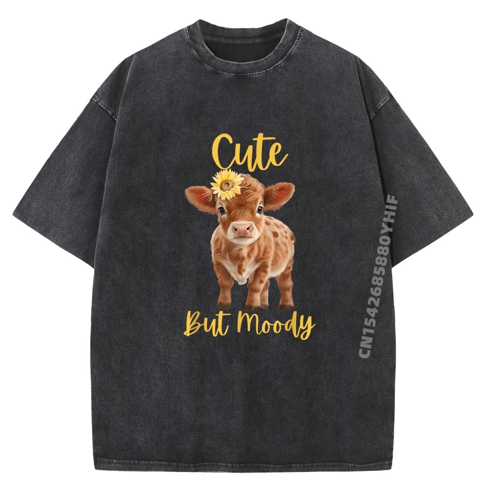 

Cute Cow Moody Cow Lovers Farm cowgirl baby cow an sunflower Mens Clothing High Quality Men's Washed T-Shirt