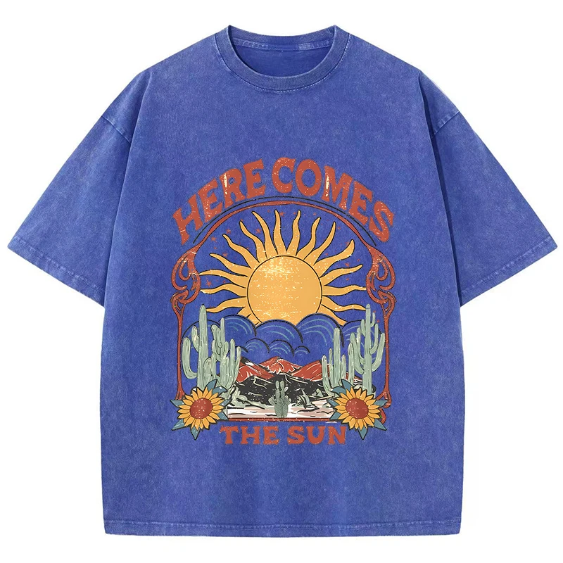 Vintage Womens Acid Wash T-Shirts Here Comes The Sun Printing Tees Crewneck Cotton Oversize Short Sleeve Fashion Female Clothes