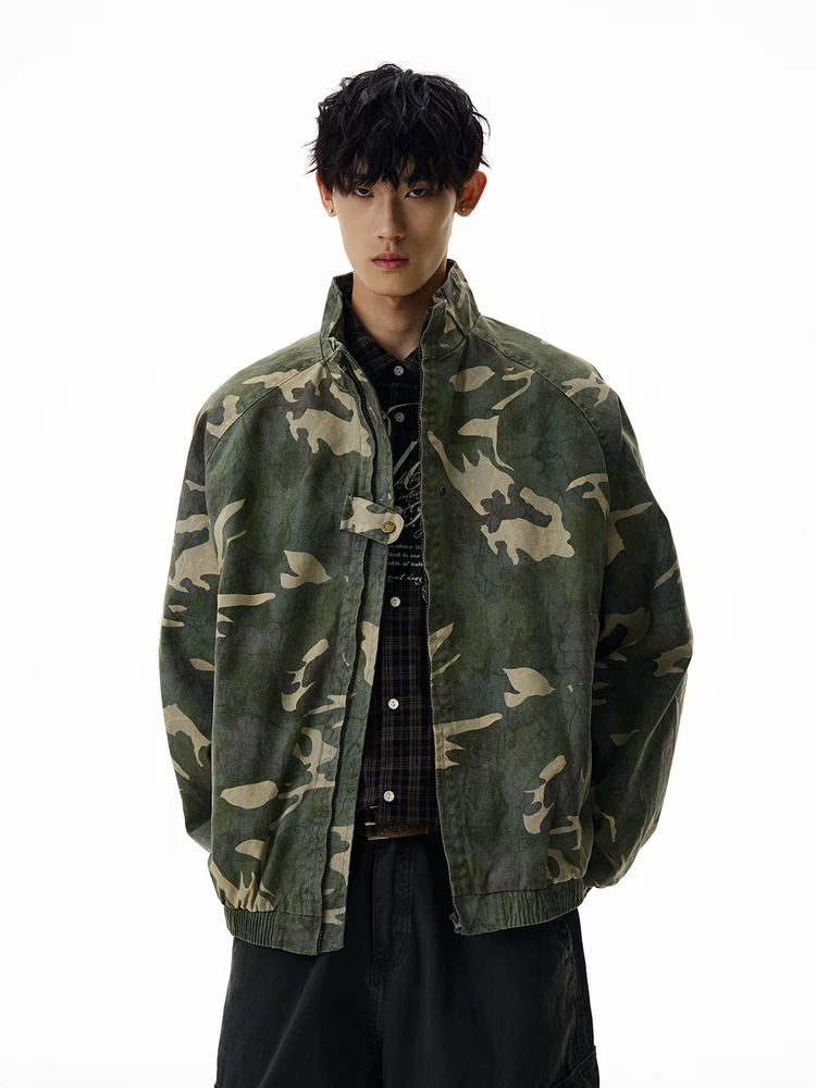 

Retro American Camouflage Jaet Loose Fit Stand Collar Men's Autumn Faionable Versatile Worn-In Look Breathable Polyester