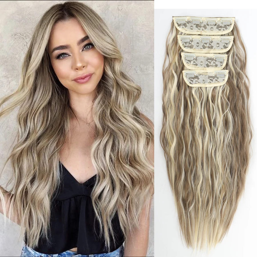 Long synthetic 4pcs/set clip in hair extenstion 20inch water wave 11clips Wavy Hairpiece Clip On Hair Extensions Heat Resistant