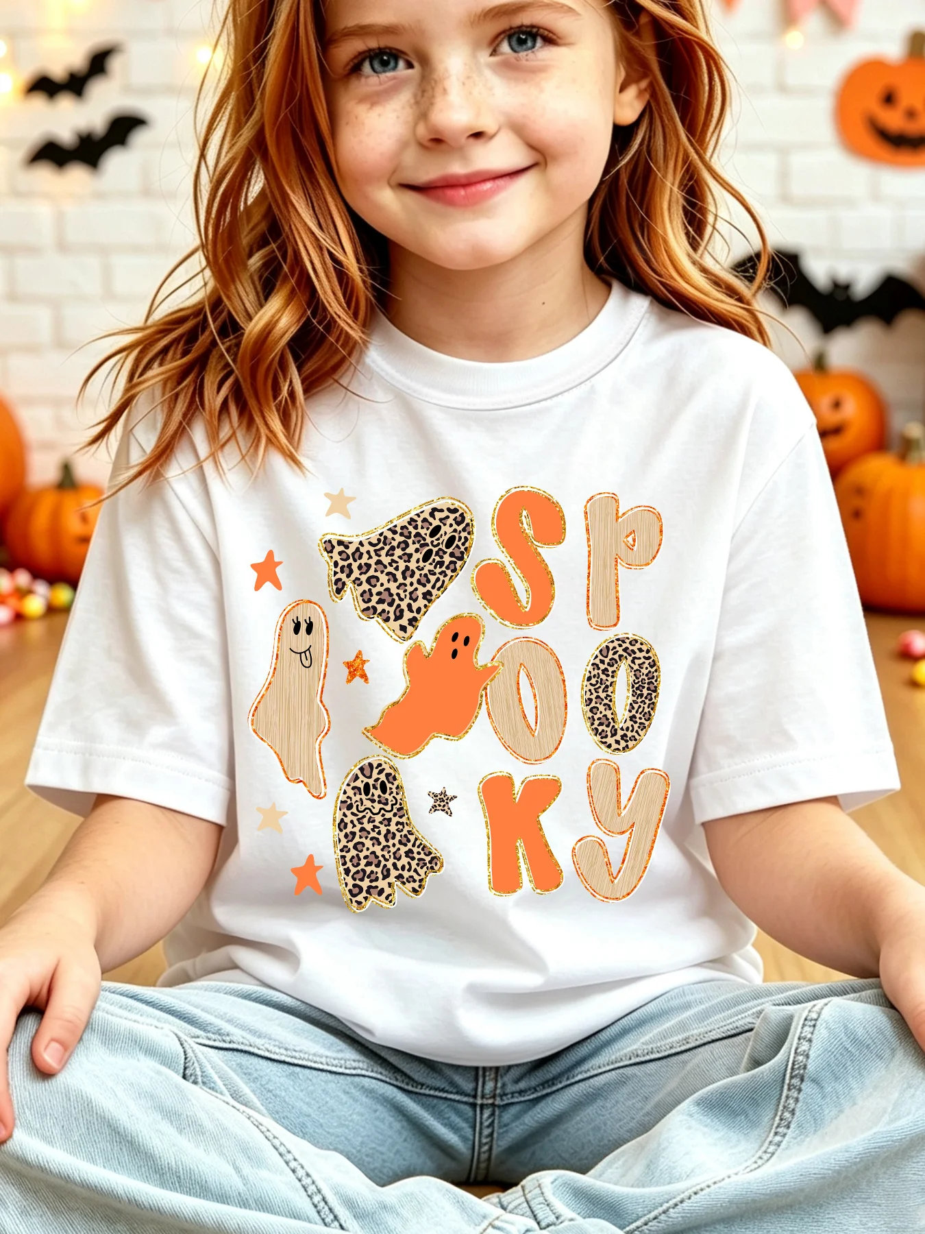 Kids Boys Girls Family Matching T Shirt Halloween Spooky Leopard Ghost Print Short Sleeve Tee Casual Parent Child Daily Tops