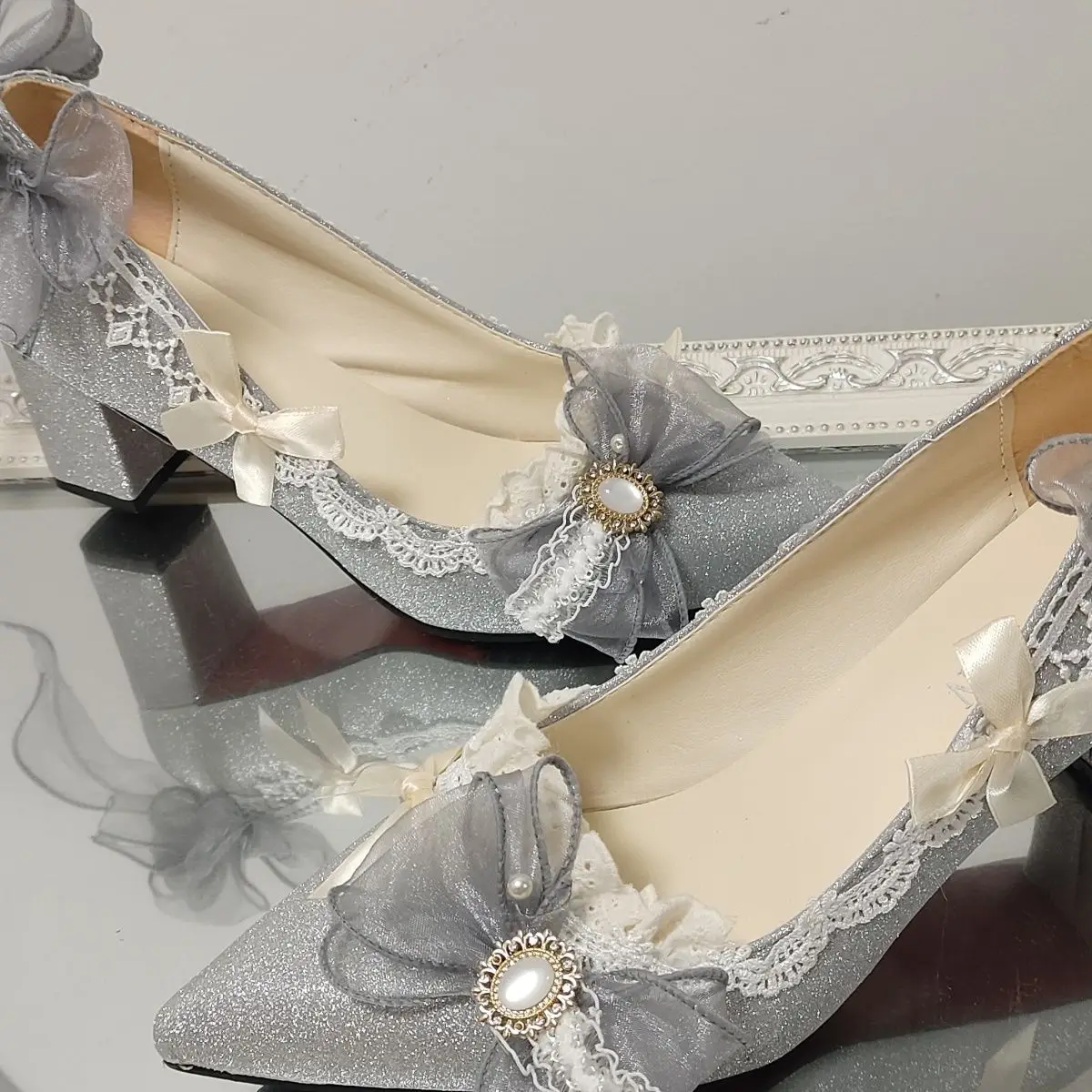 

Lolita Hand-Made High Heels Women's Shoes Blue Flower Wedding plus Size