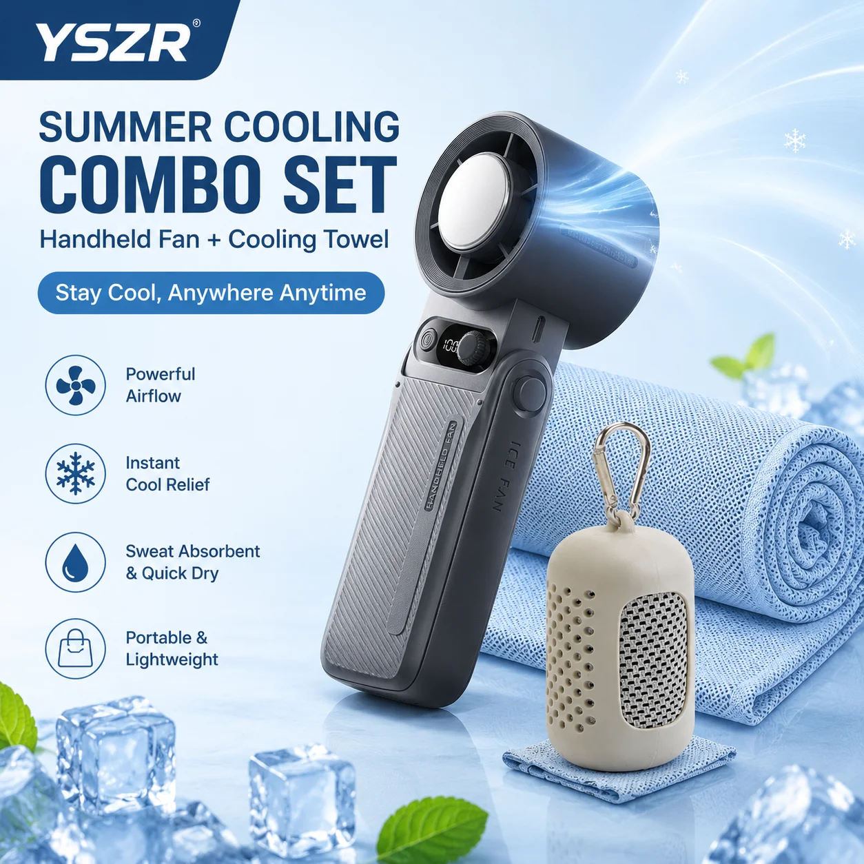 High Speed Handheld Ice Fan & Super Absorbent Instant Chill Towel Outdoor Summer Cooling Kit A must-have gift set for summer,