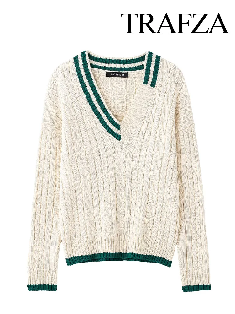 

TRAFZA Women Fashion Warm Stereotyped Writing V-Neck Loose Knitted Pullover Female Autumn Casual Long Sleeve Elastic Sweater