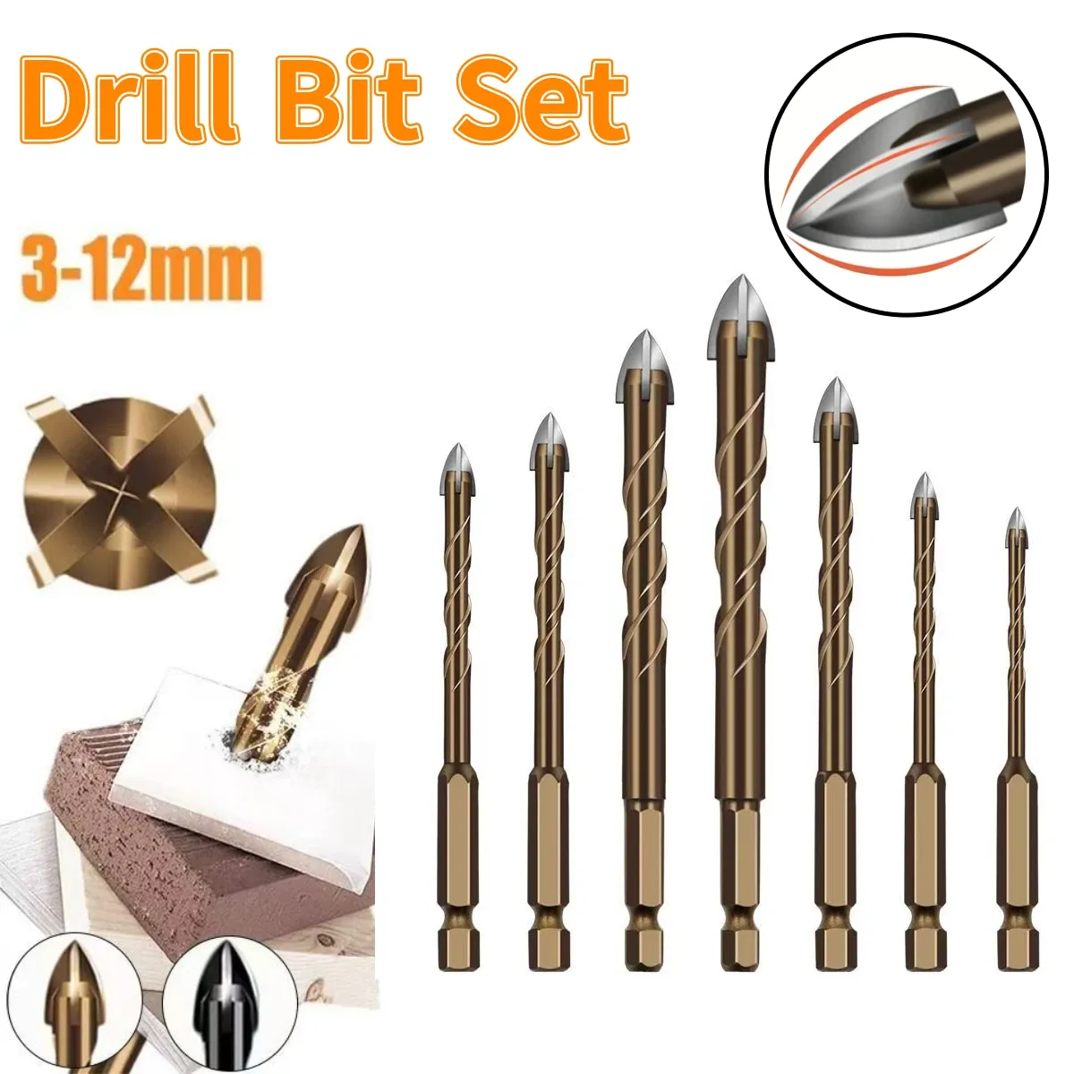 3-12mm Hexagonal Handle Cross Glass Drill Bit for Ceramic Tile Drilling Baking Yellow Spiral Ceramic Wall Drill Overlord Diamond