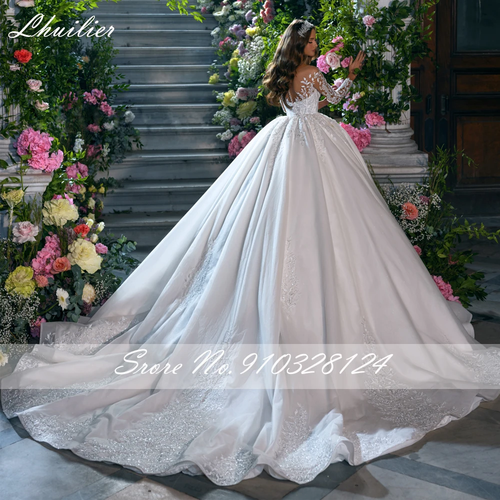 Lhuilier abito da ballo da donna scollo tondo abiti da sposa in pizzo 2023 abito da sposa con perline a maniche lunghe con treno cappella