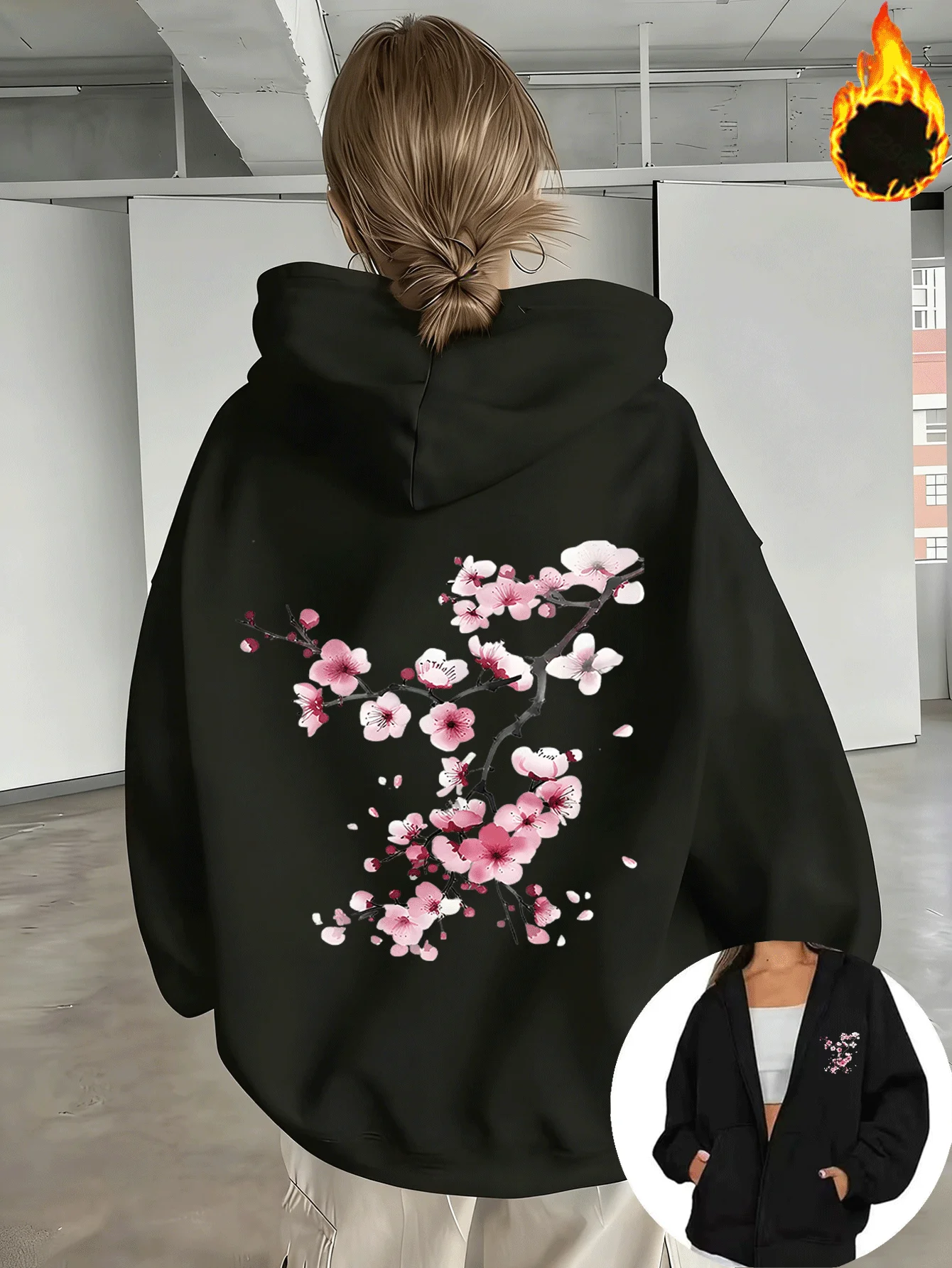 Cherry Blossoms Print Women's Zipper Hoodies Cotton Fleece Jacket Hoody Sweatshirt Pullover Autumn Winter Oversize Loose Coat