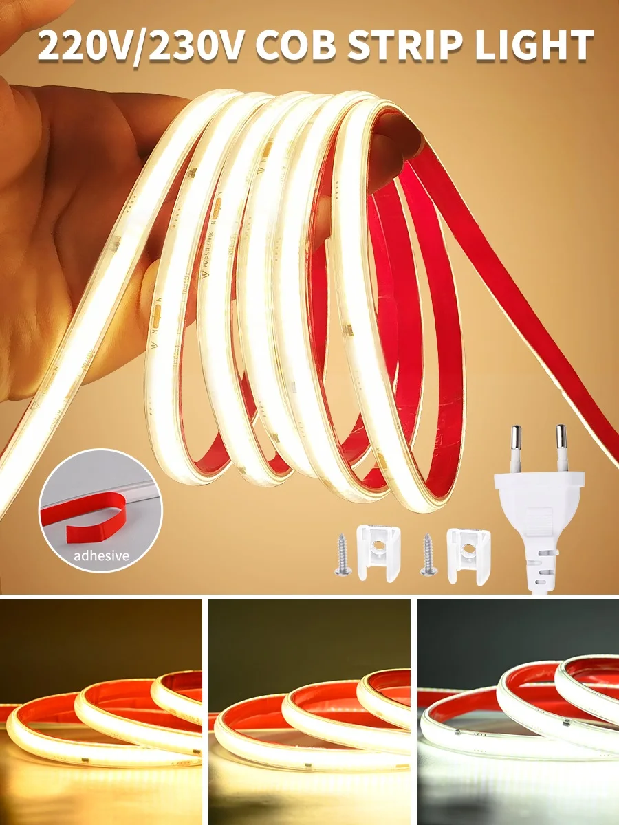 Taśma LED COB 220V, 296 LED/m, wysoka jasność, wodoodporna, elastyczna taśma LED do oświetlenia pokoju, kuchni, na zewnątrz, 230V — 2