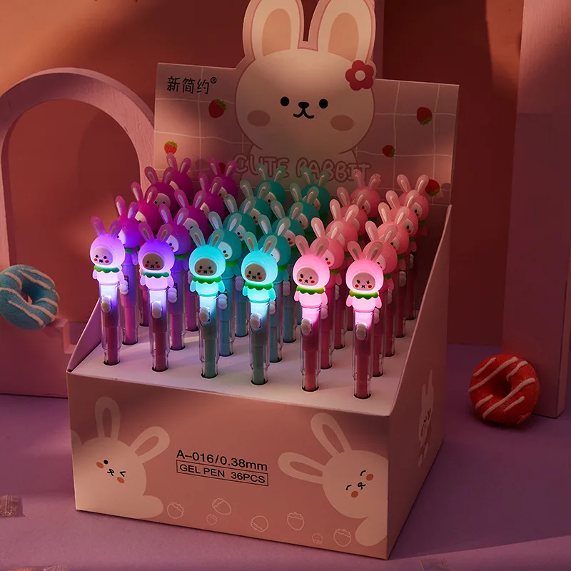 

12Pcs/Lot Kawaii Luminous Bunny Gel Pen 0.38mm Black Ink Neutral Pens Cute Cartoon Rabbit Signature Pen School Office Stationery