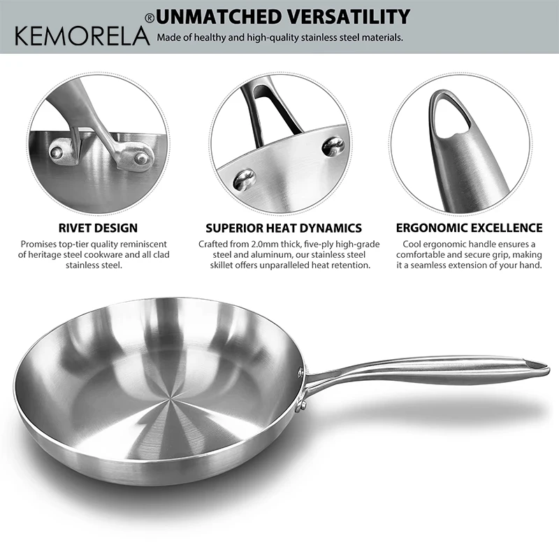 3PCS Stainless Steel Frying Pan Set 304 Food Grade Non-Stick Wok Pans 5-Ply Steel 2MM Thick Restaurant Chef's Kitchenware