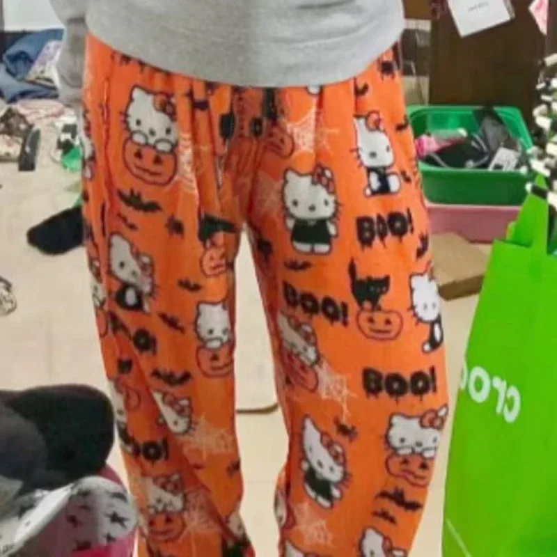 Novo sanrio dos desenhos animados coral velo calças de pijama halloween olá kitty feminino casual casa calças macias kawaii roupas da menina presente