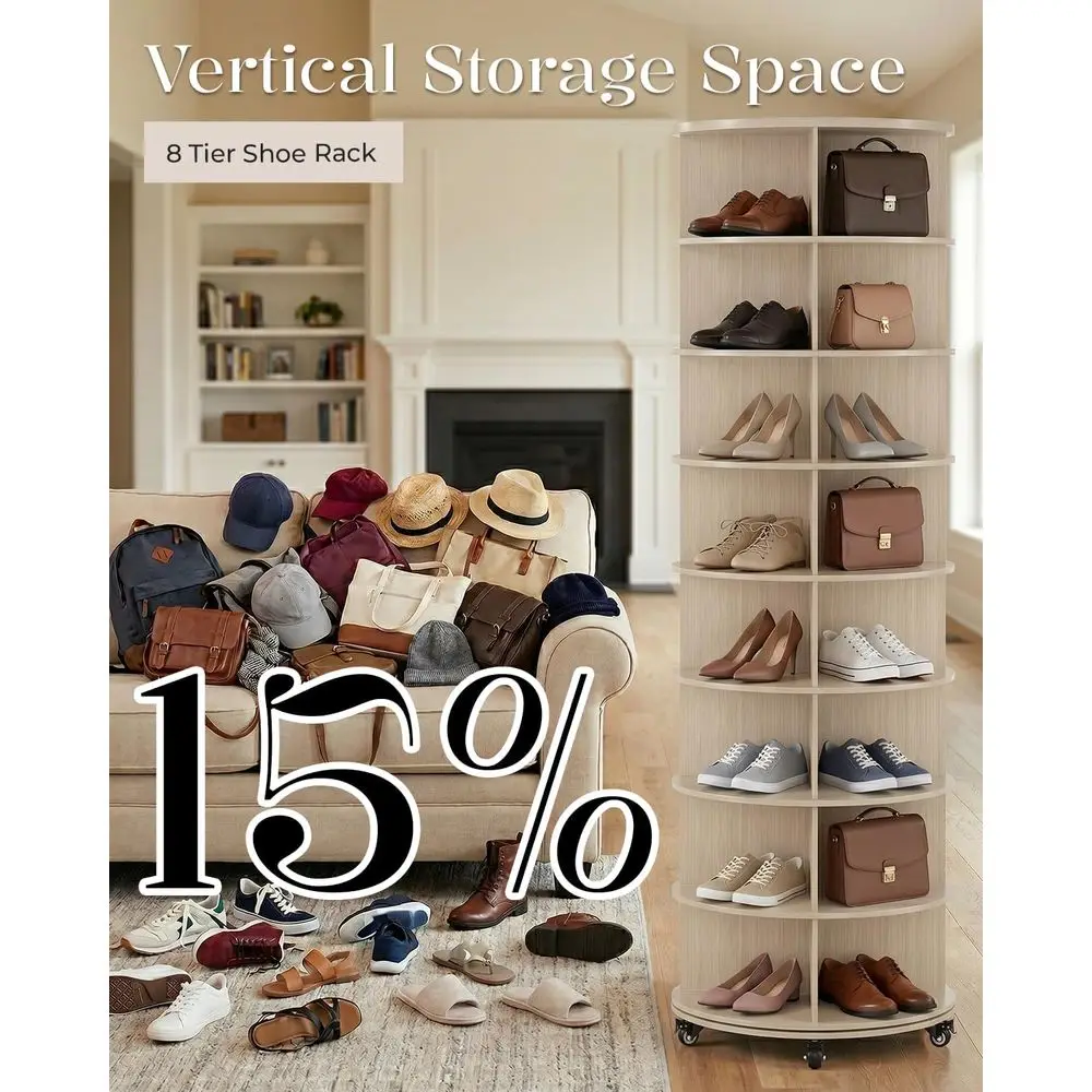 8-Tier Rotating Shoe Rack Organizer with 4 Casters, Natural, 23.6x23.6x74 view 4
