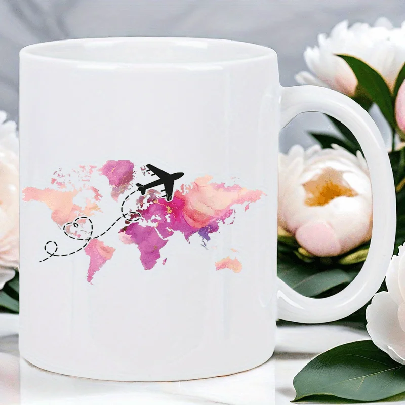 11oz White Ceramic Coffee Mug with Airplane & World Map Design - Insulated, Reusable Travel Mug for Hot & Cold Drinks - Perfect