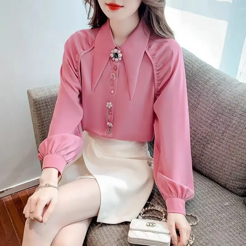 New Spring Summer Women Shirt 2024 Vintage Pointed Collar Pearl flower Blouse Women Longsleeve Dress Shirt Female Overshirt 3XL