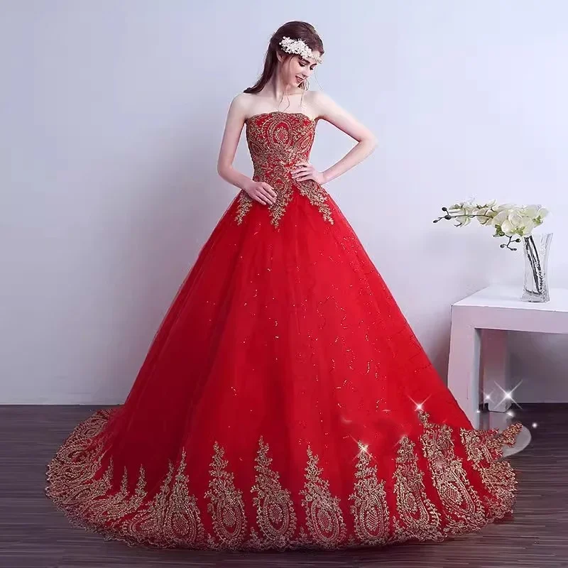 Cheap Red Weddding Dresses Bling Golden Appliques Strapless Lace up Princess Floor-length Plus size Bride Ball Gown Simple XN015