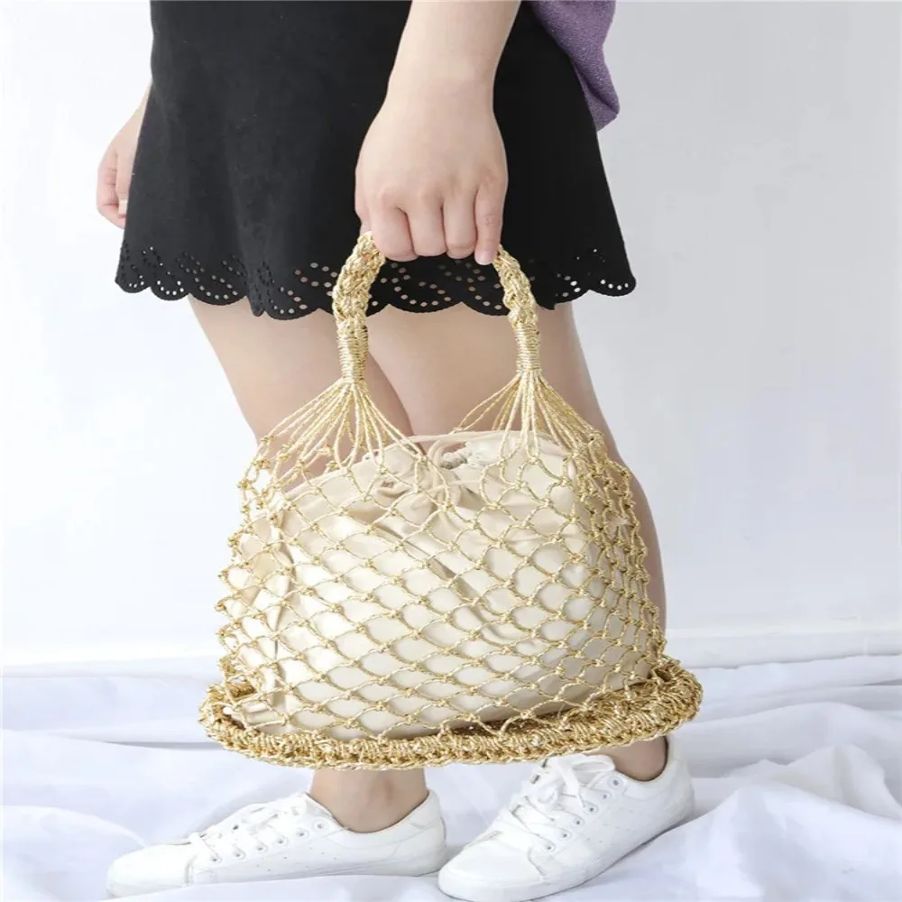 Gold silver 2 color bright paper ropes hollow woven handbag cotton lining straw bag female Reticulate handbag netted beach bag