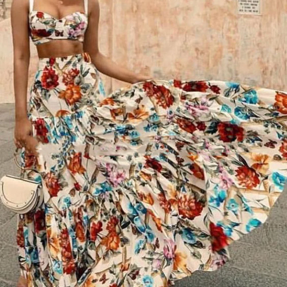 Women Dress Sets Floral Print Spaghetti Strap Crop Top And Skirt Suits Vintage Beach Maxi Long Dress