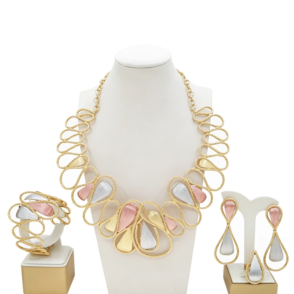 African Tri‑Color Gold Jewelry Set Hollow Out Teardrop Design Necklace Bangle Ring Earrings Women Wedding Statement Accessories