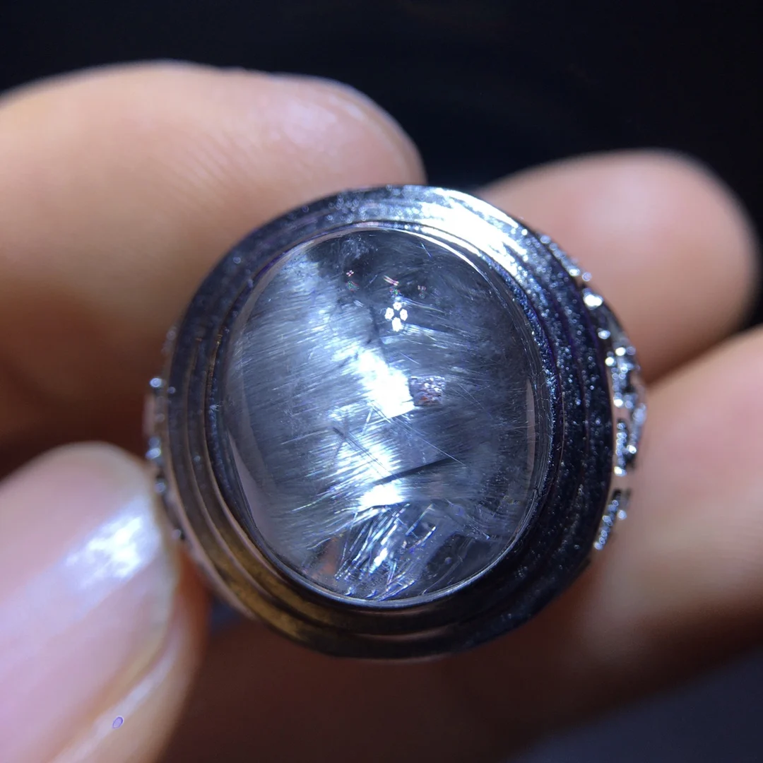 Natural Brookite Platinum Rutilated Quartz Ring 13.7/12.3mm 925 Silver Woman Men Water Drop Lucky AAAAA
