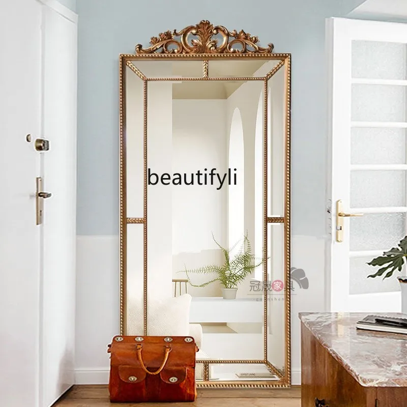 French retro light luxury, carved floor mirror European-style home cloakroom wall-mounted American entrance full-length mirror