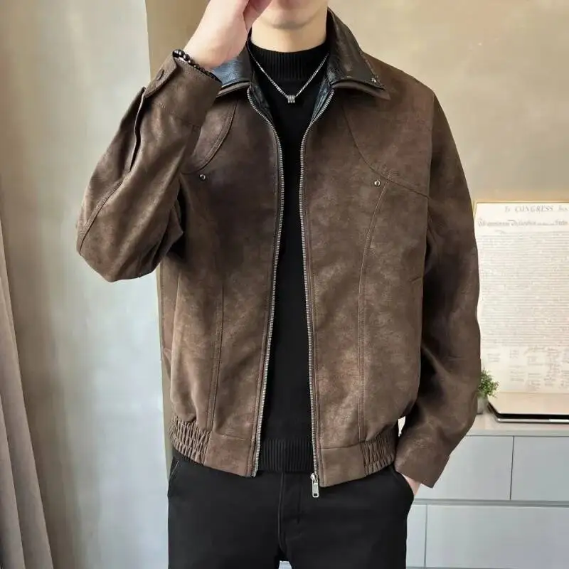الخريف رجل سترة جلدية خمر الشرير التباين اللون المرقعة رفض طوق الذكور معطف طويل الأكمام يندبروف الرجال ملابس خارجية