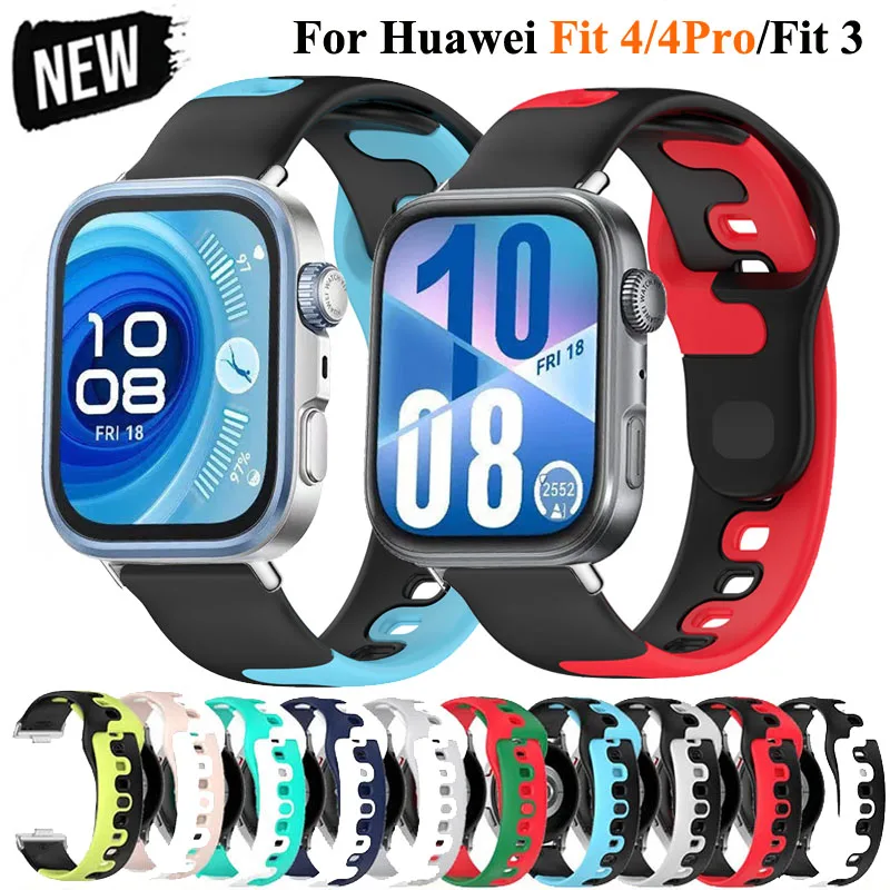سوار من السيليكون Correa لساعة Huawei Watch Fit 4 Pro حزام قابل للتنفس مزدوج الألوان لساعة Huawei Watch Fit 3 Fit 4 Sport Band