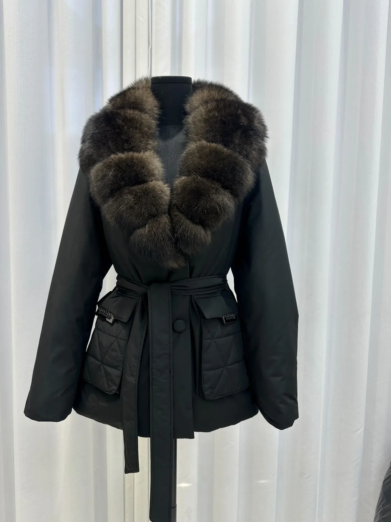 OFTBUY Real Fox Fur Collar Duck Down Jacket Women Mid-Length Puffer Jacket Luxury Slim Belted Waist Winter Warm Outerwear