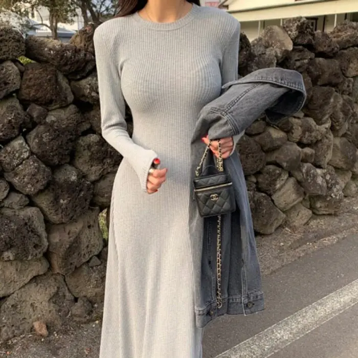 

Женское модное платье-футляр Slimming Long Dr Dongda Gate с круглым вырезом, приталенное, цветное, базовое, в французском стиле, повседневное, весенне-летнее