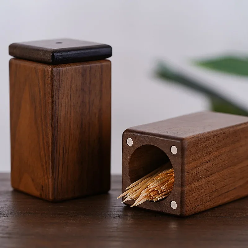 Magnetic Adsorption Toothpick Dispenser Black Walnut Wood Toothpick Box Wheat Straw Toothpick Holder Container Home Decoration