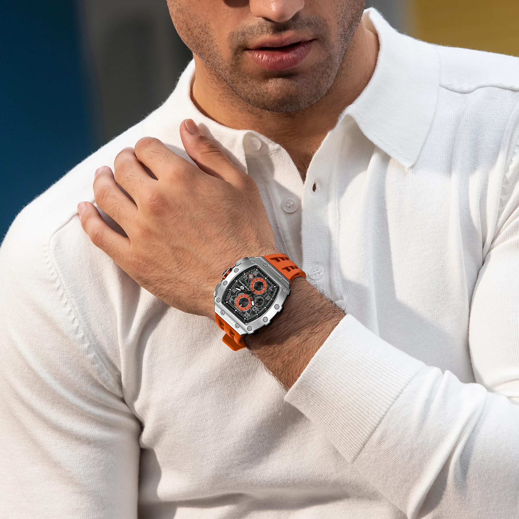 TSAR BOMBA Men's Quartz Watch Japanese Movement Tonneau Shape Stainless Steel Case Luxury Wristwatch Elegant Business Watch