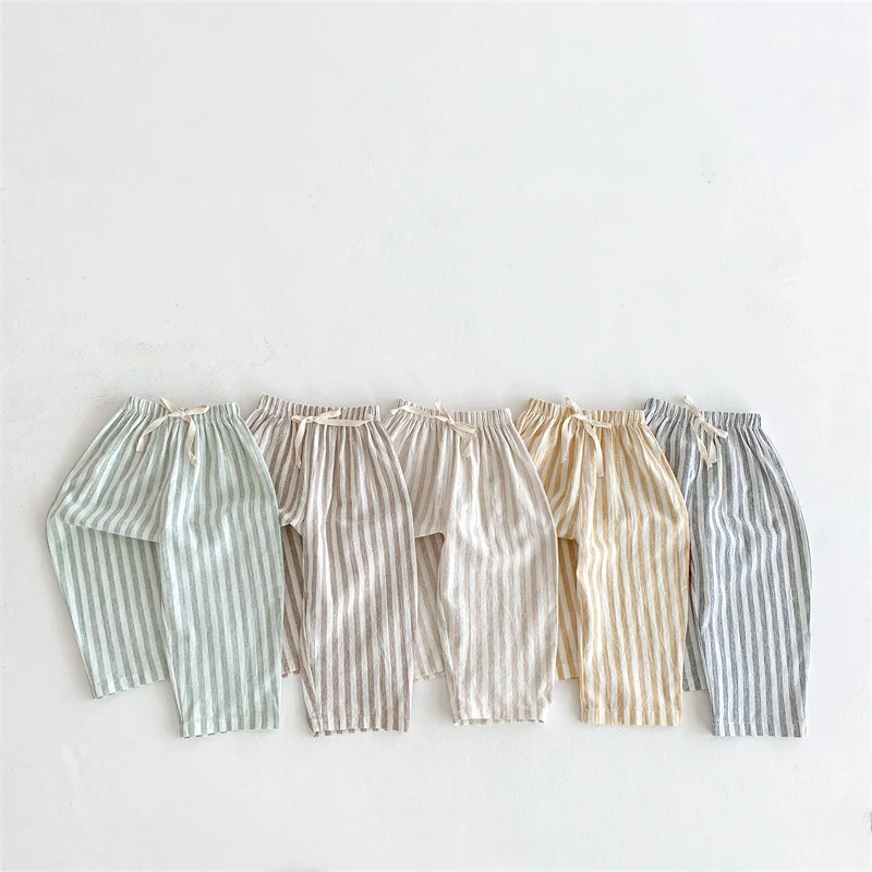 

1-6Yrs Kids Striped Pants Soft Breathable Cotton Linen Baby Boys Pants with Pockets Spring Summer Fall Children Pants