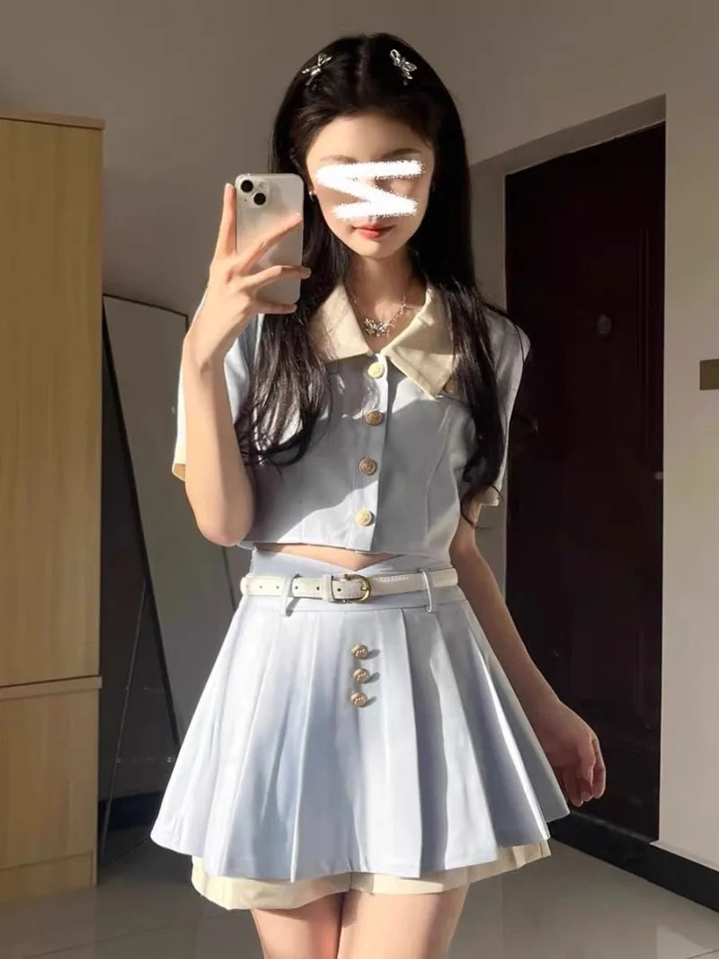 

Женский однобортный костюм с юбкой, милый комплект из двух предметов с плиссированным топом и отложным воротником, Привлекательный Нежный приталенный летний шикарный костюм для девушек