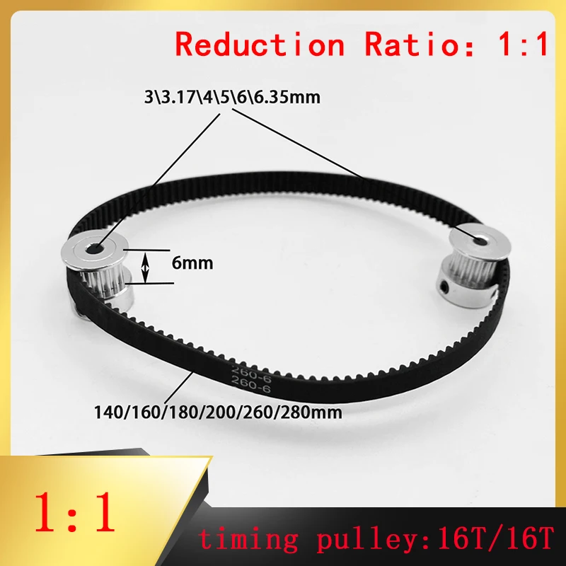 

2GT Timing Belt Wheel 16 Teeth 16 Teeth Reduction Ratio 1:1 Width 6mm Hole Diameter 3/3.17/4/5/6/6.35mm 3D Printer Accessories