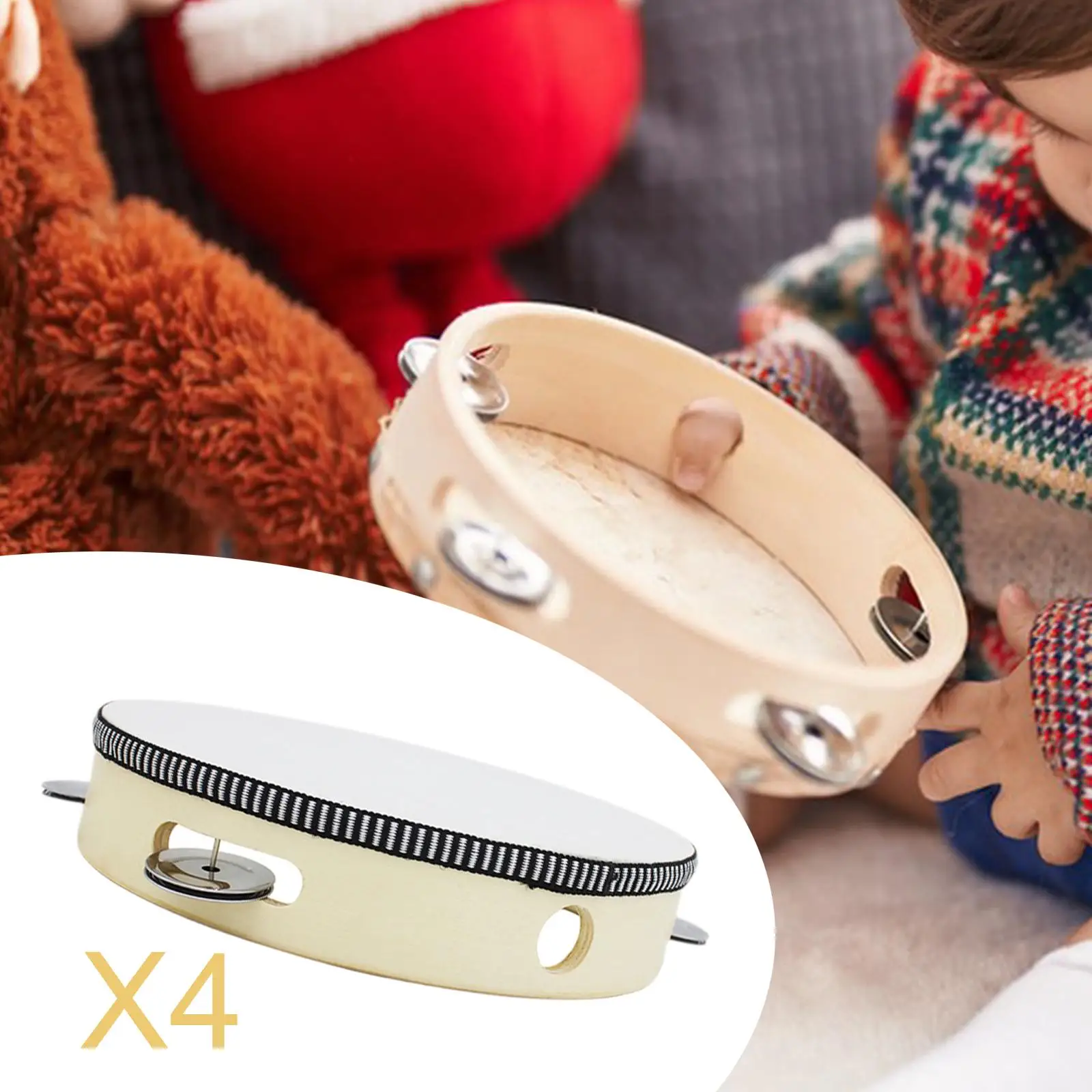 

4x 8 inch Wooden Tambourine Toy Kids Professional Games Party Hand Held Drum