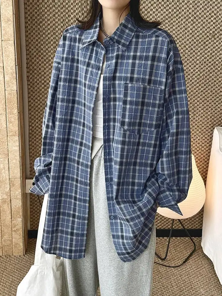 

Women Blue Plaid Pocket Big Size Casual Blouse New Lapel Long Sleeve Shirt Fashion Tide Spring Autumn
