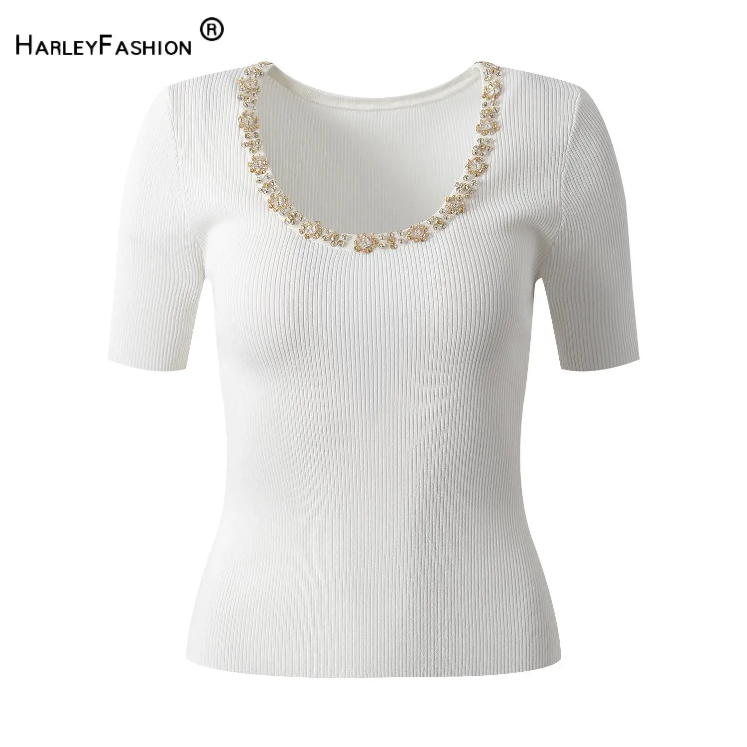 Fine Workmanship Hot Drilling 2024 Spring Summer Lady Round Collar Short Sleeve Women Pullover Slim Solid Knits Shirts