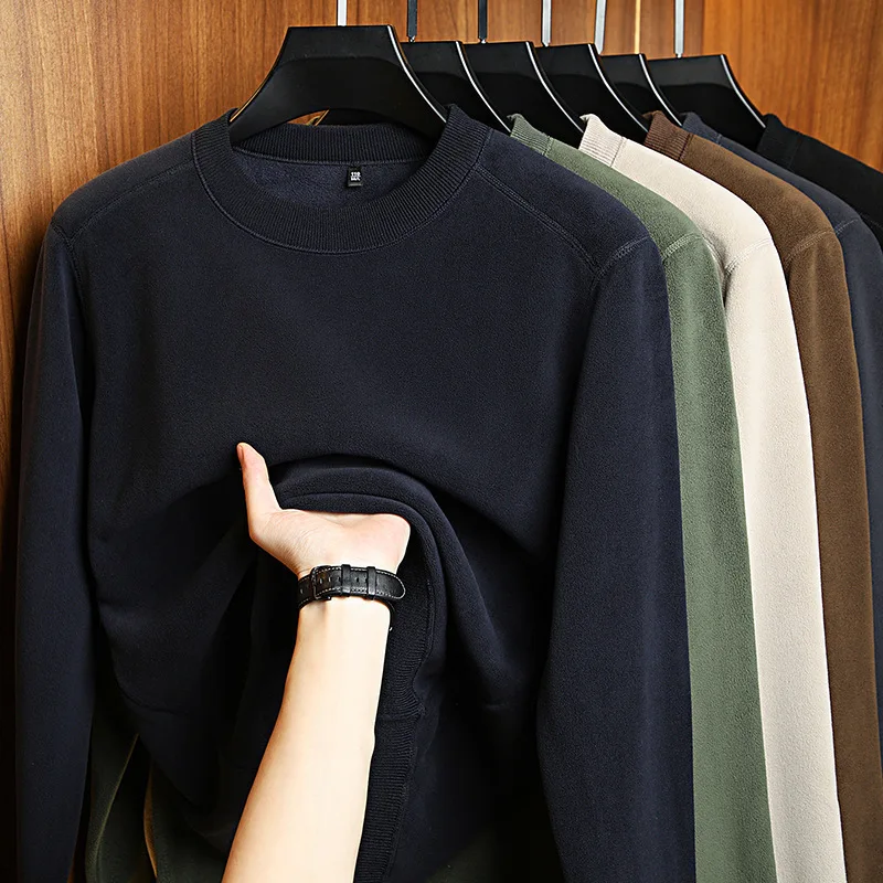 الشتاء الساخن على الوجهين الدافئة هوديي الرجال جولة الرقبة سميكة المخملية طويلة الأكمام تي شيرت بلون كل مباراة أسفل أعلى