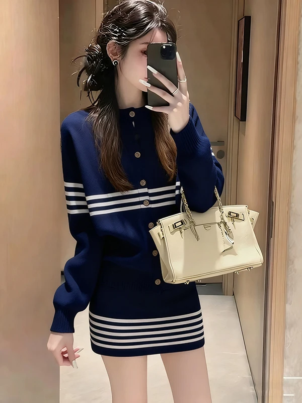 

Blue Casual Women's Two-Piece Set Autumn Winter Warm Striped round Neck Long Sleeve Commute Style Date Suitable Fashionable