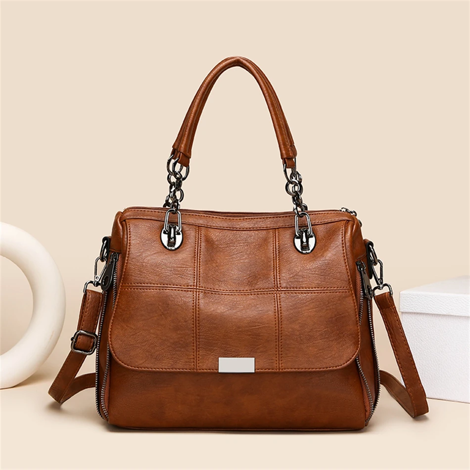 Solid Color Ladies Handbag Women\'s Shoulder Crossbody Bag Large Capacity PU Leather Casual Tote Travel Handbag Boston Female Bag