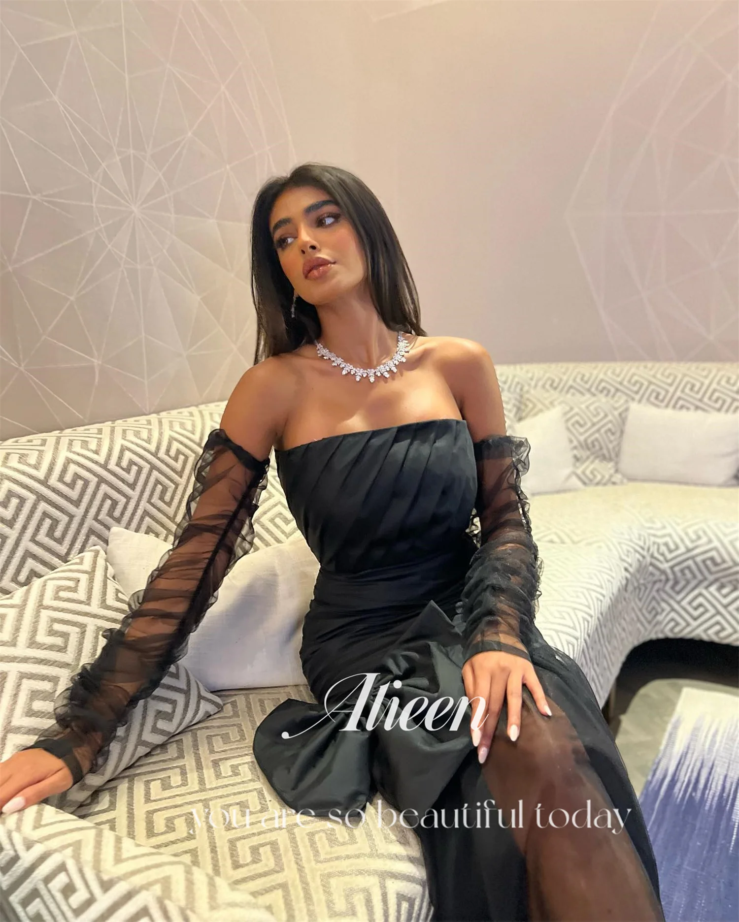 Aileen Damen-Abendparty-Kleider für besondere Anlässe, schwarzer Satin, lange Ballkleider, luxuriöse Vestidos De Festa فسات Cosa •Мة