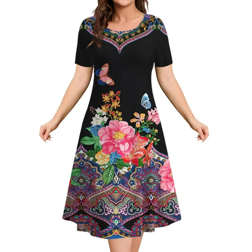 Vestido de moda informal con estampado de flores para mujer, ropa de calle de verano, cuello redondo, manga corta, vestido Extra grande para