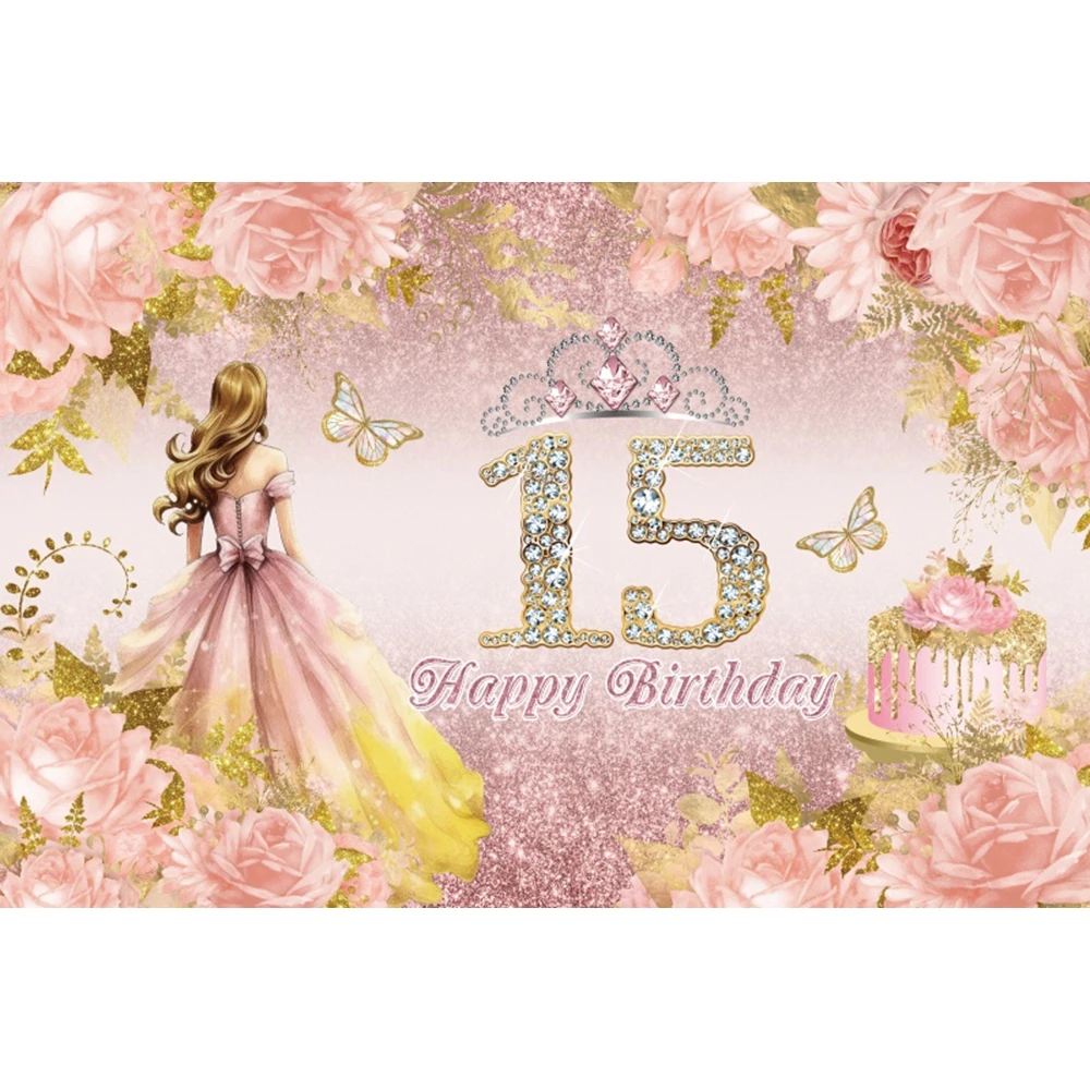 Quinceanera Sweet 15th Birthday Party Backdrop Floral Girl Fifteen Years Old Rose Quinceañera Princess Customized backdround