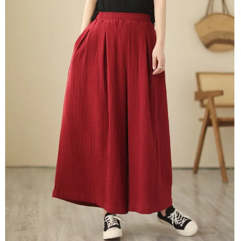 

Spring/Summer Clothing 2023 Vintage Art Cotton Linen Elastic Waist Casual Wide Leg Trouser Women's Fashion Versatile Pants Z750