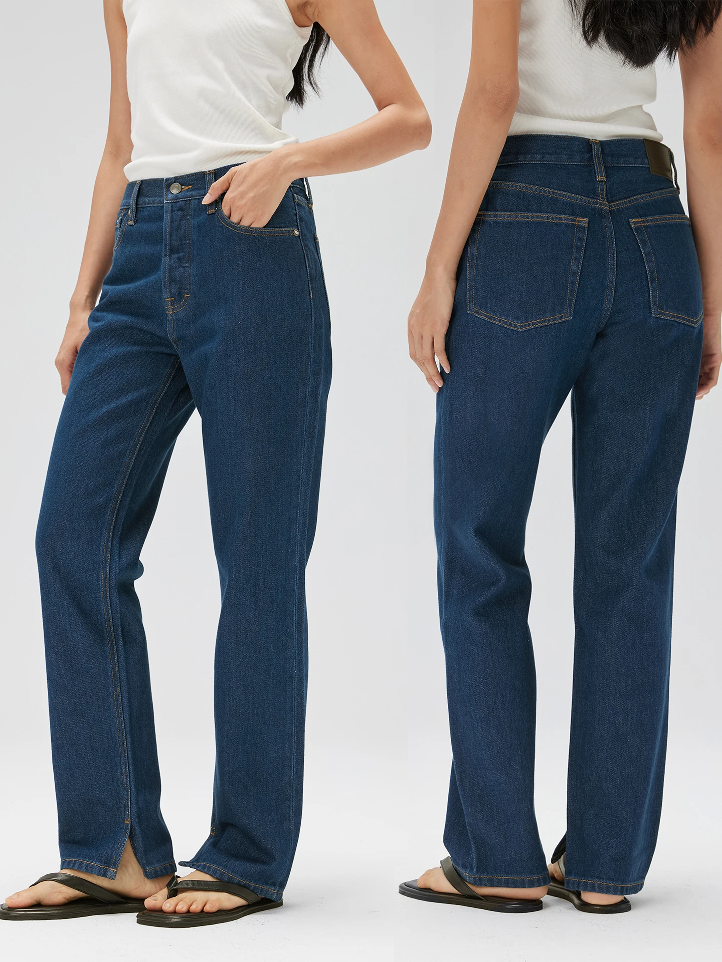 

Брюки женские джинсовые прямого кроя №93 Deep Blue Retro American 50 Denim, узкие, с разрезами, длинные, на пуговицах на талии