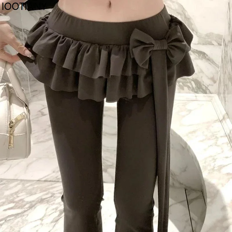 Y2k Bow Ruffled Flared Pants Female Low Waist Slim Fit Casual Skirt Pants Autumn Winter Street Style Cake Fake Two-piece Trouser