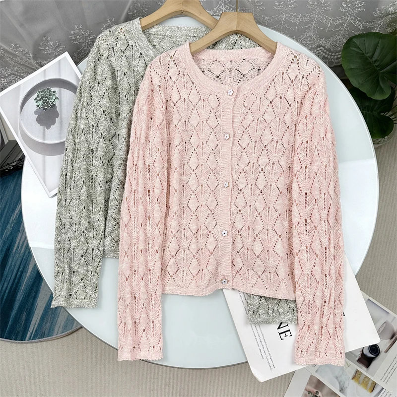 

Женский модный топ в французском стиле из чистого хлопка, дышащий, вязаный, с ажурным круглым вырезом и цветочным узором, открытый кардиган