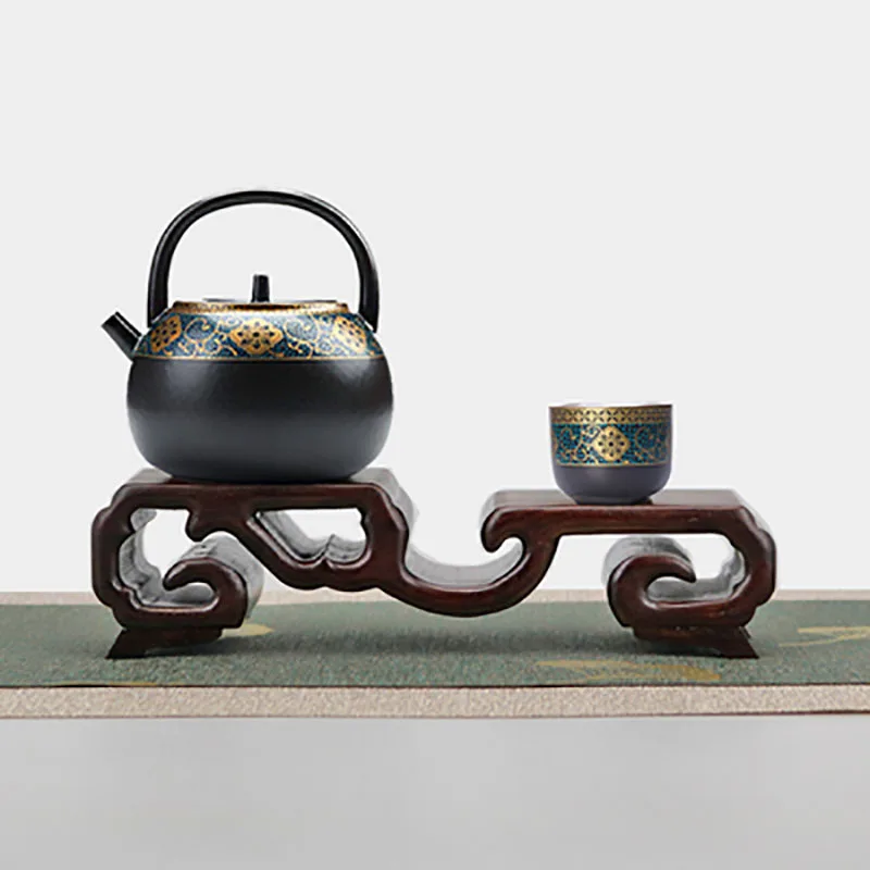 Black rosewood carved with patterns, antique base decorations, purple clay teapot, cup holder, seal holder